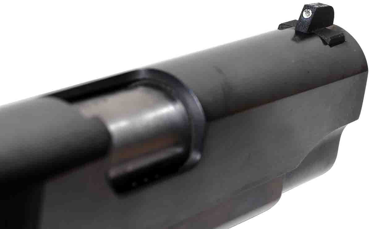 The front sight has a larger element to focus attention where it should be.